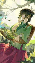 Rule 34 | absurdres, aoqun, bandaged arm, bandages, beads, chinese clothes, freckles, green hair, green hanfu, hair beads, hair ornament, hanfu, herb, highres, holding, holding plant, kensei (v2), kusuriya no hitorigoto, maomao (kusuriya no hitorigoto), multi-tied hair, pink hanfu, plant, tree