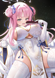 1girl absurdres alternate_costume alternate_hairstyle bare_shoulders blue_archive blue_scrunchie blush breasts china_dress chinese_clothes cleavage double_bun dress elbow_gloves fang feathered_wings flower fur_shawl gloves hair_bun hair_flower hair_ornament hair_scrunchie halo highres kurashina_yuzuki large_breasts long_hair mika_(blue_archive) open_mouth pelvic_curtain pink_hair pink_halo purple_flower scrunchie shawl sidelocks skin_fang solo thighhighs white_dress white_scrunchie white_thighhighs wings yellow_eyes