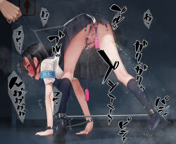 1boy 1girl anal anal_hook anal_object_insertion armband ball_gag black_hair black_shoes black_skirt black_socks blue_armband censored commentary_request gag gagged kneehighs miniskirt mosaic_censoring murakami_suigun object_insertion original paid_reward_available pee peeing remote_control_vibrator restrained sex_toy shirt shoes short_hair short_sleeves skirt socks solo_focus sound_effects vibrator white_shirt
