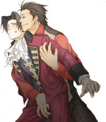 2boys blush capcom crotch_grab godot_(ace_attorney) groping ace_attorney phoenix_wright:_ace_attorney_-_trials_and_tribulations diego_armando male_focus miles_edgeworth multiple_boys one_eye_closed wince wink yaoi