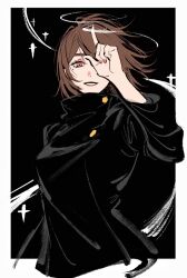Rule 34 | 1girl, black background, black jacket, border, breasts, brown eyes, brown hair, cropped torso, gold buttons, hand over eye, highres, ieiri shoko, jacket, jujutsu kaisen, jujutsu tech uniform, long sleeves, medium breasts, medium hair, mole, mole under eye, parted lips, shki00, smile, solo, white border