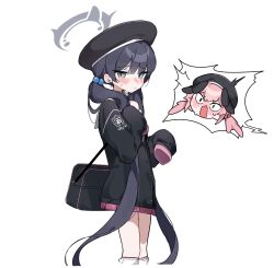 &lt;|&gt;_&lt;|&gt; 2girls alternate_costume alternate_hairstyle bag beret black_hair blue_archive blush buttons cosplay dandandanholo grey_eyes grey_halo halo hat head_wings kisaki_(blue_archive) koharu_(blue_archive) koharu_(blue_archive)_(cosplay) long_hair looking_at_viewer loose_socks low_twintails multiple_girls nose_blush pink_hair pink_skirt pleated_skirt sailor_collar school_bag school_uniform shoulder_bag shy simple_background skirt sleeves_past_fingers sleeves_past_wrists socks standing twintails very_long_hair white_background wings