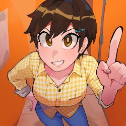 Rule 34 | 1girl, absurdres, blue pants, breasts, brown eyes, brown hair, checkered clothes, checkered shirt, collared shirt, diforland, grin, hair ornament, hairclip, hand on own hip, highres, indoors, large breasts, looking at viewer, original, pants, pointing, pointing up, riko ahry, shirt, short hair, smile, solo, teeth, yellow shirt