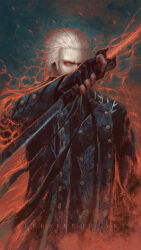 1boy aleksi_remes aura blue_coat coat commentary covered_face devil_may_cry_(series) devil_may_cry_5 fingerless_gloves gloves gold_buttons hair_slicked_back hand_up highres holding holding_sword holding_weapon katana looking_at_viewer male_focus short_hair solo sword upper_body vergil_(devil_may_cry) weapon white_hair yamato_(sword)