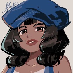1girl atlantis:_the_lost_empire audrey_ramirez black_hair blue_hat blue_overalls blunt_bangs commentary_request dark-skinned_female dark_skin emase_(foxmoon) hat long_hair overalls parted_lips signature solo upper_body