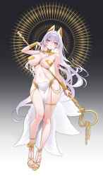 1girl absurdres ancient_egyptian_clothes animal_ears arm_tattoo armor between_breasts breasts chano39 clothes_between_breasts commission covered_navel fake_animal_ears full_body gladiator_sandals gold_thighlet hair_intakes highres holding holding_staff large_breasts long_hair looking_at_viewer original pelvic_curtain purple_eyes revealing_clothes sandals skindentation solo staff stomach tattoo thighs usekh_collar white_hair