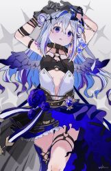 Rule 34 | 1girl, absurdres, amane kanata, amane kanata (another world), angel wings, arm strap, arms up, black bra, black collar, blue flower, blue gemstone, blue hair, blue rose, blue thighhighs, blue wings, bra, chest harness, collar, colored inner hair, double bun, earrings, fallen angel, flower, gem, gloves, gradient wings, grey hair, hair bun, hair ornament, halo, halo ornament, harness, heart, heart o-ring, highres, holding own hand, hololive, jewelry, k einosuke, lace, lace-trimmed bra, lace trim, layered skirt, looking at viewer, mini wings, multicolored hair, multicolored wings, navel, o-ring, o-ring harness, o-ring thigh strap, official alternate hair length, official alternate hairstyle, parted lips, rose, shoulder tattoo, signature, single hair intake, single thighhigh, skirt, solo, star halo, strapless, strapless bra, streaked hair, tattoo, thigh strap, thighhighs, underwear, virtual youtuber, wings, wrist straps