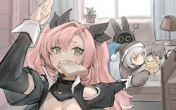 Rule 34 | 2girls, absurdres, alarm clock, anby demara, bangboo (zenless zone zero), bed sheet, blush, bread, brown eyes, clock, curtains, dodo (yatotoyatoto), food, green eyes, hair between eyes, highres, indoors, lamp, long hair, mole, mole under eye, multiple girls, nicole demara, short hair, sidelocks, under covers, upper body, white hair, window, zenless zone zero
