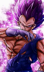 1boy abs blue_bodysuit bodysuit cowboy_shot dragon_ball dragon_ball_super gloves highres male_focus medium_hair n_k0918 no_eyebrows purple_background purple_eyes purple_hair solo spiked_hair torn_bodysuit torn_clothes ultra_ego_(dragon_ball) vegeta white_gloves