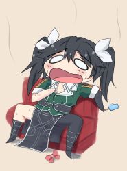 1girl absurdres asymmetrical_legwear black_gloves bow bowtie chibi couch elbow_gloves food gloves green_jacket highres jacket kantai_collection military_uniform natsumoto_itsuki o_o open_clothes open_mouth pelvic_curtain popsicle ribbon single_elbow_glove single_glove single_thighhigh solo thighhighs tone_(kancolle) tone_kai_ni_(kancolle) twintails uneven_legwear unworn_bowtie white_ribbon