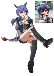1girl arknights black_shorts blue_hair breasts ch&#039;en_(arknights) collared_shirt commentary cup dragon_girl dragon_horns dragon_tail hair_between_eyes highres holding holding_cup horns id_card jacket long_hair looking_at_viewer necktie open_mouth orange_necktie photo-referenced photo_inset red_eyes reference_photo shirt shorts sidelocks simple_background sitting solo tail white_background white_shirt wwfo_2