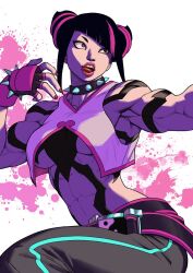1girl armpits black_hair breasts capcom choker female_focus fingerless_gloves food gloves hair_horns han_juri licking lips medium_breasts multicolored_hair muscular muscular_female nail_polish pink_eyes pokkuti solo spiked spiked_choker spikes street_fighter street_fighter_6 tongue tongue_out