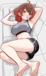 1girl ahoge alternate_costume amashi_2278 armpits ass bare_legs barefoot black_shorts blush breasts brown_hair commentary_request couch feet food gakuen_idolmaster gradient_hair grey_sports_bra hanami_ume highres idolmaster looking_at_viewer lying medium_breasts medium_hair mouth_hold multicolored_hair navel on_couch orange_hair panties panty_peek partially_colored pink_panties popsicle short_shorts shorts solo sports_bra underwear