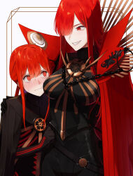 1boy 1girl @_@ arm_around_shoulder belt black_belt black_bodysuit black_cape blush bodysuit breast_press brother_and_sister cape center-flap_bangs chain closed_mouth collared_cape crest family_crest fate/grand_order fate_(series) grin hair_between_eyes hair_intakes hair_over_one_eye hand_on_another&#039;s_hip hand_on_another&#039;s_shoulder height_difference highres incest inset_border looking_at_another low_ponytail nose_blush oda_nobukatsu_(fate) oda_nobukatsu_(third_ascension)_(fate) oda_nobunaga_(fate) oda_nobunaga_(maou_avenger)_(fate) oda_uri one_eye_covered ponytail popped_collar red_cape red_hair siblings sidelocks smile sweat upper_body v-shaped_eyebrows wavy_mouth white_background yzrh0