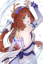 1girl absurdres aqua_eyes back bare_shoulders blush breasts detached_sleeves dress flower genshin_impact gnyt0rxxnsq7777 hair_bun hair_flower hair_ornament highres long_hair looking_at_viewer looking_back nilou_(breeze_of_sabaa)_(genshin_impact) nilou_(genshin_impact) official_alternate_costume purple_flower red_hair sleeveless sleeveless_dress smile solo very_long_hair white_dress white_sleeves