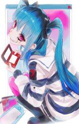 1girl amemiya_darumi black_bow black_hair blue_hair border bow closed_mouth earrings female_focus grey_background handheld_game_console heart highres jewelry long_hair looking_at_viewer makeup multicolored_hair nintendo_3ds nintendo_switch pink_background pink_eyes pink_thighhighs pleated_skirt runny_makeup shirt simple_background skirt smile solo solo_focus striped_clothes striped_shirt striped_skirt the_hundred_line_-last_defense_academy- thighhighs turning_head twintails white_background white_border