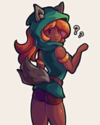 1girl ? alternate_form animal_ear_fluff animal_ears armlet bare_shoulders belt black_eyes blonde_hair brown_shorts closed_mouth cowboy_shot dark-skinned_female dark_skin female_focus from_behind green_tunic highres hood hood_up jewelry kalia3see long_hair looking_back looking_to_the_side outline shorts solo tail terraria tunic white_background white_outline wolf_ears wolf_girl wolf_tail zoologist_(terraria)