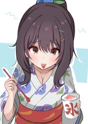 1girl absurdres alternate_hairstyle black_hair blush brain_freeze breasts brown_eyes cleavage colored_tongue commentary_request floral_print floral_print_kimono food harumiya_(meron89893) hibi_wa_sugiredo_meshi_umashi highres holding holding_spoon japanese_clothes kawai_mako kimono large_breasts ponytail print_kimono shaved_ice solo spoon tongue tongue_out yukata