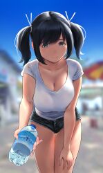 Rule 34 | 1girl, absurdres, black hair, blue eyes, blue shorts, blush, bottle, breasts, cleavage, denim, denim shorts, highres, kantai collection, large breasts, long hair, looking at viewer, shirt, short shorts, short sleeves, shorts, smile, solo, souryuu (kancolle), thighs, twintails, wa (genryusui), water bottle, white shirt