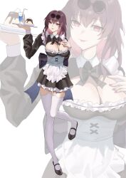 1girl alternate_costume apron black_bow black_bowtie black_dress black_shoes bow bowtie breasts cleavage closed_mouth commentary_request dot_nose dress enmaided eyewear_on_head fingernails foot_up frilled_apron frills garter_straps hands_up higashiwun_izumi highres holding holding_tray honkai:_star_rail honkai_(series) kafka_(honkai:_star_rail) large_breasts light_smile long_hair long_sleeves looking_at_viewer maid nail_polish purple_hair red_eyes red_nails round_eyewear shoes thighhighs tinted_eyewear tray very_long_hair white_apron white_background white_garter_straps white_thighhighs zoom_layer
