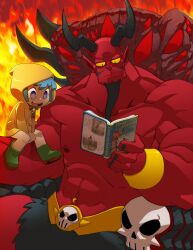 1boy 1girl bleedman blue_eyes boots colored_skin commentary cross cross_necklace demon_boy demon_horns dirty_footwear english_commentary facial_hair goatee green_boots highres horns jewelry jubilee_2025 luce_(jubilee_2025) muscular muscular_male navel_piercing necklace piercing pointy_ears raincoat reading red_skin rubber_boots satan_(mythology) the_bible yellow_raincoat