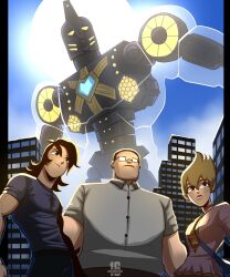 1girl 2boys absurdres ace_(imajination16) armor artist_name black_eyes black_hair blonde_hair breasts brown_hair collared_shirt copyright_name dress glasses green_eyes highres ilana_(sym-bionic_titan) lance_(sym-bionic_titan) long_hair long_sleeves looking_at_viewer mecha medium_breasts medium_hair messy_hair multiple_boys octus_(sym-bionic_titan) purple_shirt robot science_fiction scowl shaved_head shirt short_hair signature spiked_hair staring super_robot sym-bionic_titan sym-bionic_titan_(mecha) t-shirt white_shirt