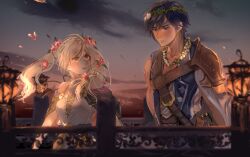 1boy 1girl arm_at_side arm_behind_back arm_tattoo arms_at_sides artist_request bare_arms bare_shoulders blue_eyes blue_hair blush breasts brown_eyes capelet chrom_(fire_emblem) cleavage couple dress embarrassed eyelashes falling_petals female_robin_(fire_emblem) female_robin_(valentine)_(fire_emblem) fire_emblem fire_emblem_awakening fire_emblem_heroes floating_hair flower flower_knot gift hair_flower hair_ornament halterneck happy height_difference highres holding holding_flower long_dress long_hair looking_at_another looking_to_the_side matching_hair/eyes medium_breasts neck official_alternate_costume outdoors parted_lips petals rope_belt short_hair sidelocks sky sleeveless sleeveless_dress smile spaghetti_strap standing sweatdrop swept_bangs tattoo toned toned_male turning_head twilight twintails upper_body white_hair