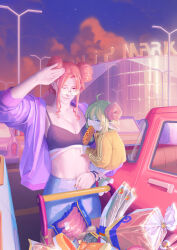 absurdres baguette blue_eyes bread can canned_food car child commentary corn_dog curled_horns double_bun english_commentary food food_packaging glasses green_hair hair_bun highres horns mixed-language_commentary motor_vehicle one_eye_closed orange_nails original pointy_ears pushcart round_eyewear zuoteng_lucha