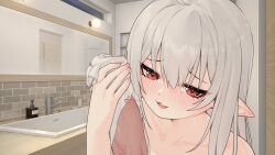 1girl animated animated_gif bathroom blush bow bow_panties character_request close-up collarbone fang faucet furrowed_brow grey_hair half-closed_eyes handjob handjob_over_clothes highres indoors long_hair looking_at_viewer looping_animation mirror naughty_face niliu_chahui nose_blush nude open_mouth original panties panties_on_penis parted_lips penis pink_nails pointy_ears pov red_eyes sink skin_fang smile soap_bottle uncensored underwear unworn_panties upper_body veins veiny_penis
