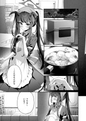 Rule 34 | 1girl, apron, blue archive, blush, closed mouth, commentary request, cooking, demon girl, demon horns, dishwashing, dress, fuuka (blue archive), greyscale, halo, headdress, highres, holding, holding plate, holding spoon, horns, long hair, monochrome, necktie, plate, solo, spoon, stew, takashima shoa, translation request, twintails