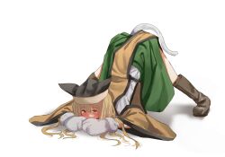 1girl animal_hands black_hat blonde_hair blush boots brown_boots brown_eyes detached_sleeves embarrassed fake_tail full_body green_skirt hands_on_ground hat jack-o&#039;_challenge knee_boots long_hair matara_okina orange_sleeves orange_tabard shirt skirt solo sweat tabard tail teruteru12 top-down_bottom-up touhou white_background white_shirt white_tail wide_sleeves
