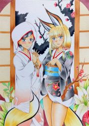 2girls animal_ears black_hair blonde_hair blush dress female_focus floral_print fox_ears fox_girl fox_tail holding_hands highres japanese_clothes jewelry kimono marriage multiple_girls original ring smile standing tail uchikake wedding_band wedding_dress wife_and_wife yuri
