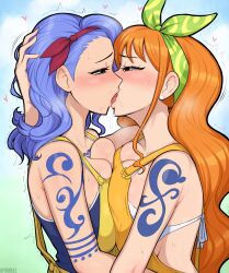 2girls afrobull arm_tattoo artist_name bandana bikini blue_eyes blue_hair blue_shirt blush breast_press breasts brown_hair cleavage earrings french_kiss green_bandana hand_on_another&#039;s_head heart highres jewelry kiss large_breasts long_hair multiple_girls nami_(one_piece) nojiko_(one_piece) one_piece orange_hair overalls red_bandana saliva shirt sweat swimsuit tattoo tongue white_bikini yellow_overalls yuri