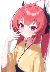 Rule 34 | 1girl, absurdres, black horns, blue archive, blush, closed mouth, commentary, demon girl, demon horns, halo, hand to own mouth, highres, horns, japanese clothes, jei (user tckk7448), junko (blue archive), junko (new year) (blue archive), kimono, looking at viewer, red eyes, red hair, red halo, shadow, simple background, solo, upper body, white background, yellow kimono