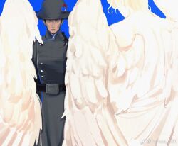 Rule 34 | 2boys, angel wings, belt, black belt, black hair, blonde hair, blood on hat, blue background, closed mouth, expressionless, feathered wings, hat, javert, jean valjean, les miserables, long sleeves, male focus, military uniform, multiple boys, ponytail, robe, short hair, sideburns, torn clothes, torn hat, vamos mk, white robe, white wings, wings