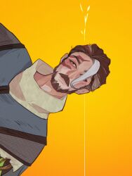 1boy afk_(series) afk_journey beard brown_eyes brown_hair chinstrap_beard closed_mouth facial_hair facial_scar gradient_background hair_over_one_eye head_tilt highres ilsahaara korin_(afk) looking_to_the_side multicolored_hair mustache orange_background portrait scar scar_across_eyebrow scar_on_cheek scar_on_face sideways streaked_hair thick_mustache white_streaks