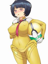 1girl bob_cut bodysuit breasts gundam gundam_gquuuuuux helmet highres holding holding_helmet large_breasts mature_female mecha_pilot_suit no_sclera normal_suit_(gundam) shiiko_sugai simple_background solo tof unworn_headwear unworn_helmet white_background yellow_bodysuit