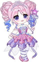 Rule 34 | 1girl, absurdres, bare shoulders, blue choker, blue hair, bow, brooch, center frills, choker, cross-laced clothes, cross-laced dress, deformed, dress, drill hair, earrings, eyelashes, flower, flower brooch, footwear bow, footwear flower, frilled footwear, frilled sleeves, frills, full body, happy, highres, holding, holding wand, infinity nikki, jewelry, leg ribbon, light blush, light particles, long hair, looking ahead, medium dress, multicolored hair, nikki (series), off-shoulder dress, off shoulder, open mouth, pantyhose, parted bangs, pink dress, pink hair, pink ribbon, pink shoes, pleated dress, purple bow, purple eyes, purple ribbon, ribbon, see-through clothes, see-through sleeves, shoes, short sleeves, sidelocks, simple background, smile, solo, sparkle, standing, star (symbol), star earrings, star wand, starlit celebration (infinity nikki), tareme, tiara, twin drills, twintails, two-tone hair, wand, wavy hair, white background, white pantyhose, wrist ribbon, zhizhizhizhizhizong