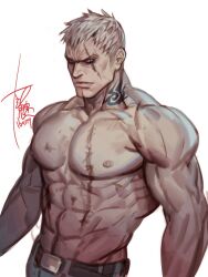 1boy bara bare_pectorals belt bryan_fury grey_eyes grey_hair highres looking_at_viewer male_focus navel nipples pectorals scar scar_on_chest scar_on_face short_hair signature simple_background solo stomach tattoo tekken topless_male upper_body v-shaped_eyebrows white_background yi_lee