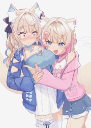 2girls absurdres animal_ears black_bow blonde_hair blue_camisole blue_eyes blue_hair blue_jacket blue_nails blue_skirt blush bow braid breasts camisole center-flap_bangs choker clothes_writing clothing_cutout commentary constricted_pupils cross-laced_clothes cross-laced_cutout dog_ears dog_girl dog_tail double-parted_bangs embarrassed fang fang_out frilled_choker frills fuwawa_abyssgard fuwawa_abyssgard_(casual) grabbing_another&#039;s_breast greeeenmodoki2 groping hair_bow hair_intakes hair_ornament hairclip half_up_braid highres hololive hololive_english hood hooded_jacket incest jacket large_breasts long_hair looking_at_another looking_at_breasts miniskirt mococo_abyssgard mococo_abyssgard_(casual) multicolored_hair multiple_girls nail_polish official_alternate_costume official_alternate_hairstyle open_mouth pink_eyes pink_hair pink_jacket pink_nails pleated_skirt short_hair siblings side_braid sisters skin_fang skirt streaked_hair tail thighhighs twins two_side_up virtual_youtuber wavy_hair wavy_mouth white_camisole white_skirt white_thighhighs x_hair_ornament