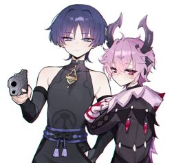 2boys aiming aiming_at_viewer armor armpit_crease belt black_belt black_bodysuit black_bow black_bridal_gauntlets black_coat black_hair black_horns black_shorts black_sleeves blunt_ends blush bodysuit bow bridal_gauntlets bright_pupils closed_mouth coat collar covered_collarbone crossed_bangs crystal dragon_horns eyeliner eyeshadow facial_mark forehead_mark gem genshin_impact glint gloves gradient_hair gun hair_between_eyes hair_intakes half-closed_eyes handgun hip_vent holding holding_gun holding_weapon horns japanese_armor kote kurokote locked_arms long_sleeves looking_at_viewer makeup mandarin_collar mini_durin_(genshin_impact) mini_durin_(human)_(genshin_impact) moo_(moo_8986) multicolored_hair multiple_boys orange_eyes pink_hair purple_rope purple_sash red_eyeliner red_eyeshadow red_gemstone ringed_eyes rope sash scaramouche_(genshin_impact) shorts tassel tsurime wanderer_(genshin_impact) weapon white_background white_collar white_gloves white_pupils