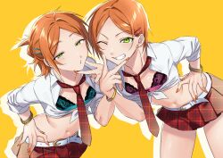 2boys 2wink_(ensemble_stars!) absurdres aoi_hinata aoi_yuta aqua_bra belt blush bra bracelet brothers collarbone cowboy_shot crossdressing earrings ensemble_stars! green_eyes hair_ornament hairclip hand_on_own_hip hand_up highres jewelry leaning_forward long_sleeves male_focus medium_hair midriff miniskirt multiple_boys necktie omiyacha one_eye_closed orange_hair orange_nails parted_bangs pink_bra plaid_clothes plaid_necktie plaid_skirt red_necktie red_skirt shirt short_hair siblings skirt stud_earrings teeth thighs tied_shirt trap twins underwear v white_belt yellow_background