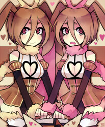 2girls alternate_color animal_ears black_leotard brown_hair brown_skirt cleavage_cutout closed_mouth clothing_cutout fur_collar fur_cuffs gen_4_pokemon highres juliet_sleeves leotard long_sleeves looking_at_viewer lopunny lulu-999 multiple_girls nintendo open_mouth personification pink_eyes pokemon puffy_sleeves rabbit_ears shiny_and_normal shiny_pokemon short_hair skirt smile tears