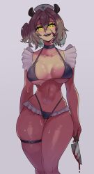 Rule 34 | 1girl, absurdres, animal ears, bikini, black bikini, blood, bloody knife, blush, breasts, brown hair, collarbone, commentary, frills, glowing, glowing eyes, gluteal fold, green eyes, grey background, hat, highres, holding, holding knife, holding weapon, indie virtual youtuber, knife, konaloid, large breasts, looking at viewer, medium hair, navel, nimi nightmare, nurse cap, one side up, open mouth, simple background, smile, solo, stomach, sweat, swimsuit, tapir ears, tapir girl, teeth, thigh strap, thighs, virtual youtuber, weapon, white hat