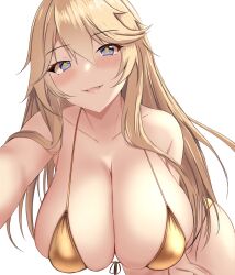1girl bikini blonde_hair blue_eyes blush breasts cleavage collarbone gold_bikini highres huge_breasts iowa_(kancolle) kantai_collection long_hair looking_at_viewer montemasa parted_lips simple_background smile solo star-shaped_pupils star_(symbol) swimsuit symbol-shaped_pupils upper_body very_long_hair white_background