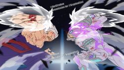 2boys absurdres alien armor armored_boots artist_name aura battle battle_damage beyond_twin_edge blood bodysuit boots closed_mouth clothing_cutout color_timer commission crossover dougi dragon_ball dragon_ball_super dragon_ball_super_super_hero dragonball_z energy_horns fighting glowing glowing_eyes gohan_beast grey_bodysuit grey_footwear grey_hair highres multiple_boys muscular muscular_male notstrykon red_eyes red_sash sash serious shoulder_pads smile son_gohan spiked_hair standing teeth thigh_cutout tokusatsu twitter_username ultra_galaxy_(series) ultra_series ultraman_geed_(series) ultraman_zero ultraman_zero:_the_revenge_of_belial ultraman_zero_beyond ultraman_zero_the_movie_choukessen!_belial_ginga_teikoku white_hair wristband yellow_eyes