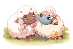 :3 animal_ears blue_skin bow colored_skin commentary dark_skin fluffy gen_2_pokemon gen_8_pokemon hair_bow happy highres horns looking_at_viewer mareep nintendo no_humans pink_bow pokemon pokemon_(creature) pokemon_gsc pokemon_hgss pokemon_swsh ribbon seyumei sheep sheep_ears sheep_horns smile standing tail tail_bow tail_ornament wool wooloo