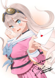 1girl antenna_hair arm_belt barbed_wire belt blush breasts choker commentary commission danganronpa_(series) danganronpa_v3:_killing_harmony dated embarrassed english_text eyelashes from_side goggles goggles_on_head hair_between_eyes highres holding holding_letter incoming_letter iruma_miu letter long_hair long_sleeves looking_at_viewer love_letter o-ring o-ring_belt open_mouth pink_shirt pink_skirt pleated_skirt school_uniform shirt shy skeb_commission skirt solo sweat twitter_username upper_body valentine very_long_hair wavy_hair white_background yoyoshi_renga