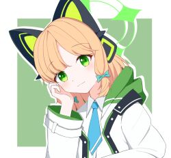 1girl animal_ear_headphones animal_ears aqua_bow blonde_hair blue_archive blue_necktie blush border bow buttons cat_ear_headphones cat_ears closed_mouth collared_shirt commentary dot_nose dress_shirt eyes_visible_through_hair fake_animal_ears green_background green_eyes green_halo green_jacket hair_bow halo hand_on_own_cheek hand_on_own_face head_rest head_tilt headphones highres hood hood_down hooded_jacket jacket light_smile long_sleeves looking_at_viewer low-tied_sidelocks medium_hair midori_(blue_archive) multicolored_jacket necktie open_clothes open_jacket outline outside_border parted_bangs school_uniform shirt sidelocks simple_background solo two-sided_fabric two-sided_jacket unbuttoned unbuttoned_jacket upper_body user_pzgt3245 white_border white_jacket white_outline white_shirt wide_sleeves