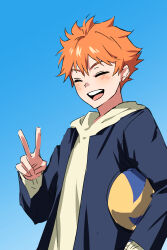 1boy ^_^ arm_up ball black_jacket blue_background blush closed_eyes double-parted_bangs haikyuu!! hair_between_eyes highres hinata_shouyou holding holding_ball hood hood_down hoodie jacket layered_sleeves long_sleeves male_focus nyuryunuru open_clothes open_jacket open_mouth orange_hair short_hair simple_background smile solo teeth tongue upper_body upper_teeth_only v volleyball_(object) white_hoodie